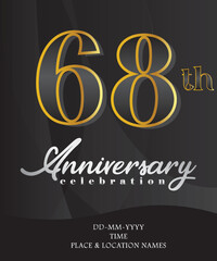 68th Anniversary Invitation and Greeting Card Design, Golden and Silver Coloured, Elegant Design, Isolated on Black Background. Vector illustration.