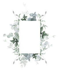 A square floral frame with clematis buds, leaves and eucalyptus branches hand drawn in watercolor isolated on a white background. Watercolor illustration.
