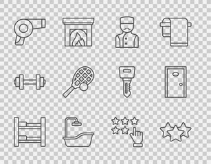 Set line Hotel room bed, Stars rating, Concierge, Bathtub, Hair dryer, Tennis racket with ball, and door icon. Vector