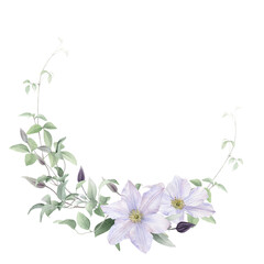 A round floral frame with white clematis, buds and leaves hand drawn in watercolor isolated on a white and light green background. Watercolor illustration.