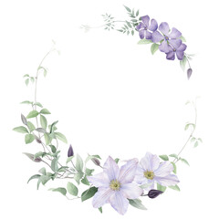 A round floral frame with white clematis, buds, leaves and very peri flowers hand drawn in watercolor isolated on a white background. Watercolor illustration.