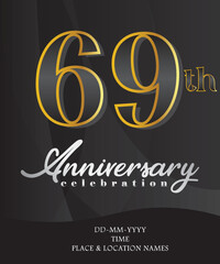 69th Anniversary Invitation and Greeting Card Design, Golden and Silver Coloured, Elegant Design, Isolated on Black Background. Vector illustration.