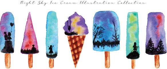 a set of magic ice cream with silhouette in the night sky