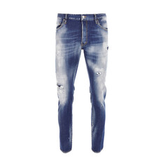 Modern blue men's jeans with carelessly made holes and damages