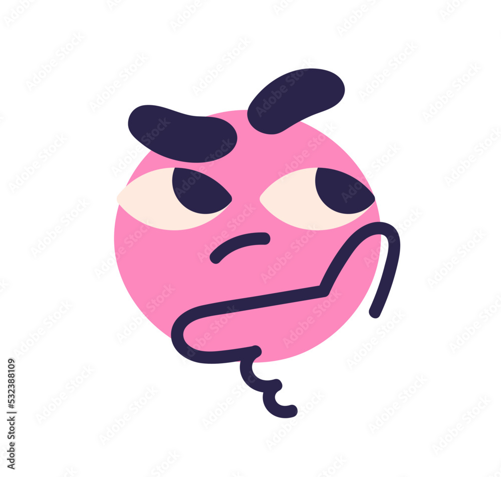Poster puzzled face avatar. abstract round-head character doubting, thinking, wondering. cute funny thought