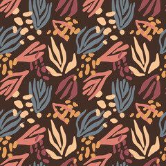 Abstract floral vector pattern. Delicate autumn colors. Brown. Pink. Orange. Fabric print. Abstraction. Dark background. Abstract plants. Autumn. Beige.