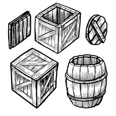 set of wooden boxes and barrel vector illustration on white background