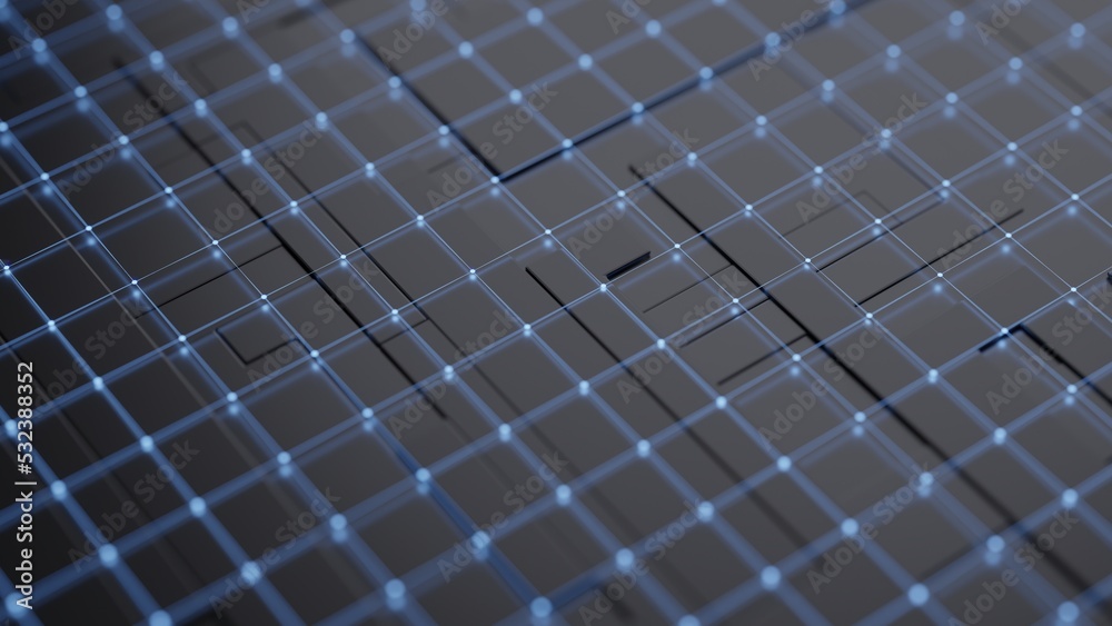 Poster 3d rendering of glossy rectangular shape floor with glowing blue dots and lines grid lights. for abs