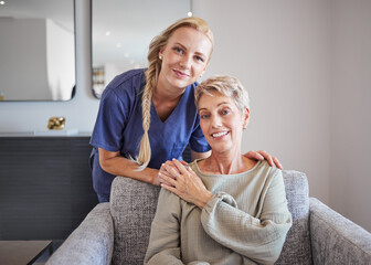 Portrait of elderly woman with a nurse, bonding during checkup at assisted living home. Smile,...
