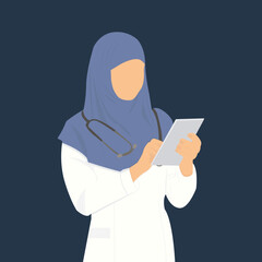 Flat simple illustration with muslim doctor with muslim headscarf in green background	