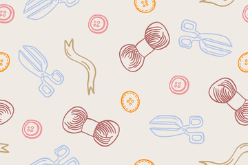 Sewing threads set seamless pattern template Sewing threads. silhouette ink pen. Hand drawn engraving