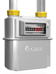 3d Gaszähler, Gasmeter grau mit Anschlussrohren, freigestellt - 532388771
