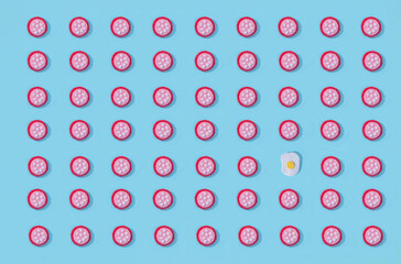 Toys in the form of food hand made of felt on blue background. Hand sewing. Minimal artistic food concept.