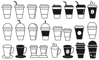 Coffee cup icon set. Disposable cup of coffee. Coffee To Go. Disposable coffee cup. Coffee paper cup set with label. Brown plastic container for drink