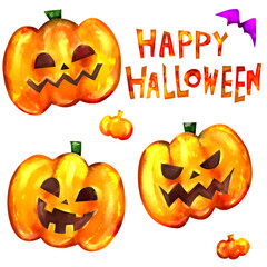 ジャコランタンの顔とHappy Halloweenの水彩風背景透過イラストセット