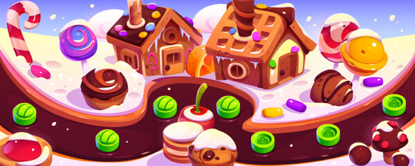 Candy planet game ui level map. Cartoon 2d menu interface design, fantasy landscape with sweets, desserts, and lollipops at chocolate river, graphics for pc or mobile arcade, Vector illustration