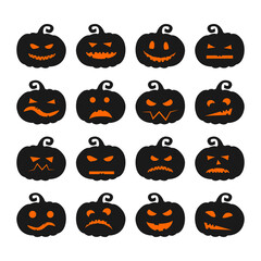 Set of pumpkins for halloween. Faces with emotions. Black pumpkin with orange eyes and mouth. Smile. Icons. Vector