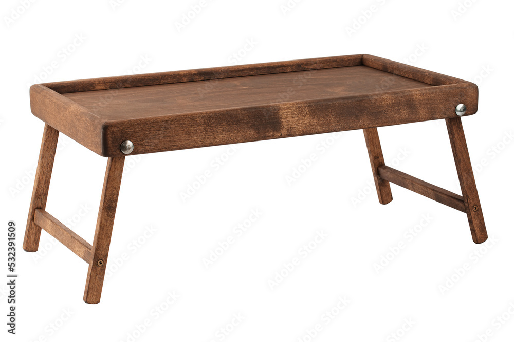 Wall mural coffee table made of natural wood with folding legs, isolated on a white background