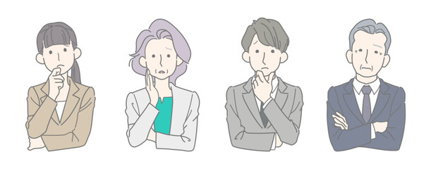 問題やトラブルを抱えて困るビジネスパーソン　4人セット