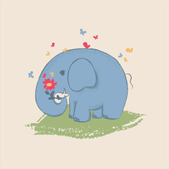 Cute elephant with butterflies in hand drawn style