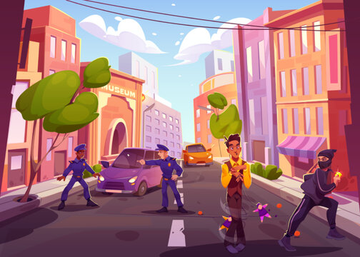 City street with characters on road, policemen, robber with stolen gold ring, discouraged puppeteer man with dolls on ropes. Game or book scene with funny personages, Cartoon vector illustration