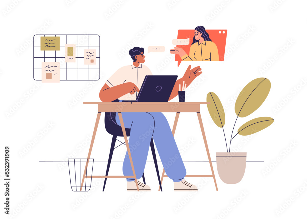 Poster online communication at work. colleagues at virtual business call. remote employee and office worker