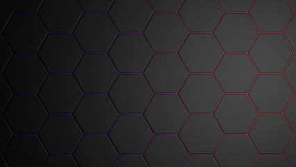3d hexagon black background. Technology abstract geometry dark backdrop with honeycomb and neon texture. Science, technology, network concept