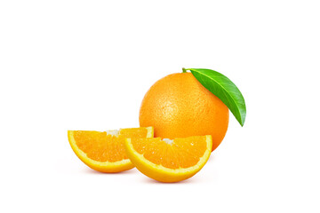 whole oranges, oranges that have been cut into small pieces with green leaves isolated on a white background