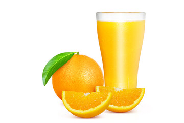 Glass of  orange juice and orange slices isolated on white background.