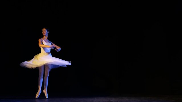 Young and beautiful graceful classical ballet female dancer in white dress dancing on pointe at choreography class. Art, beauty, grace