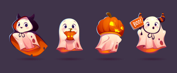 Cute ghosts, cartoon Halloween characters. Funny baby spooks creatures wear cape and headwear, adorable spirit with pumpkin say boo. Fantasy monsters, horror, phantom personages, Vector illustration