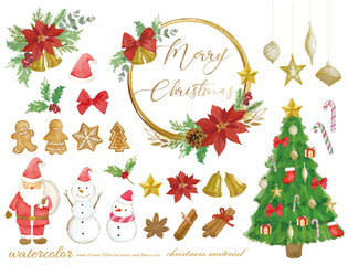 水彩で描いたクリスマスツリーとクリスマスの見出し飾りと素材セット