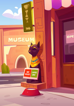 City street with cat cafe and museum buildings. Dining with cat statue in Egyptian style, doors, pet bowl with water on sidewalk and sign of no dogs entry allowed, vector cartoon illustration