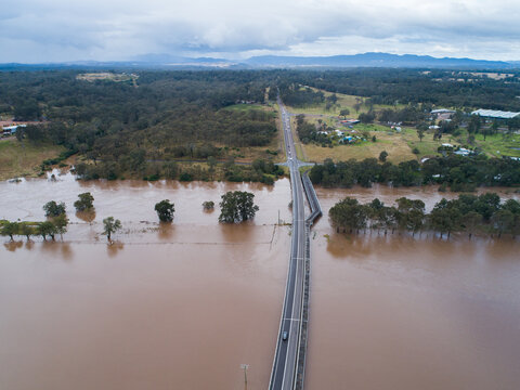 Redbournberry bridge near Singleton surrounded by floodwater during natural disaster of flood