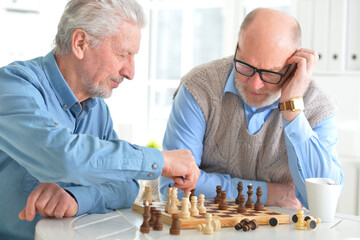 Elderly people play a game of chess together 