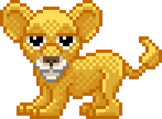 Fototapeta premium Lion Cub Pixel Art Retro Video Game Cartoon Mascot