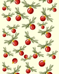 Christmas seamless texture of red Christmas balls and fir branches, hand drawn illustration. Happy new year seamless print for fabric or paper background