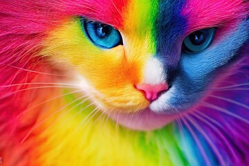 Close-up cat with blue eyes and rainbow colors. Concept of gay pride in rainbow colors of LGBT flag. Concept of animal rights and peace. 3D rendering. - obrazy, fototapety, plakaty