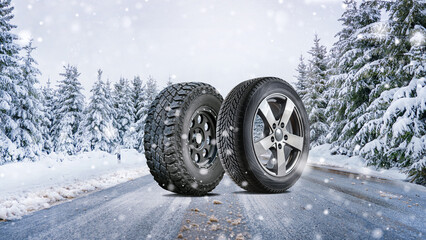 close up different winter tires on a snowy road in the mountains - snow storm © Igor Link