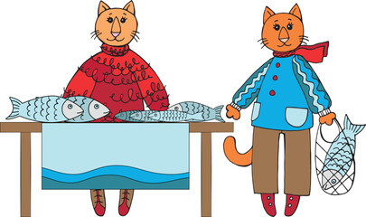 Vector two red cartoon cats wearing warm clothes: seller and buyer of fish. Funny illustration with cute animals for design card, poster, menu sea food cafe or shop.