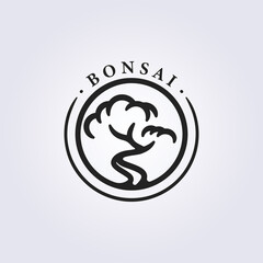 minimalist bonsai line art in badge logo vector illustration design