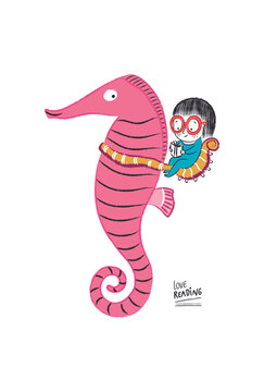 Little girl reading with a Seahorse