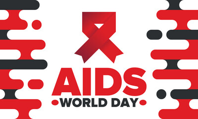 World Aids Day. Red ribbon symbol. Awareness and prevention hiv. Medical healthcare concept. Human support and protection. Celebrated annual in December 1. Poster, banner and background. Vector