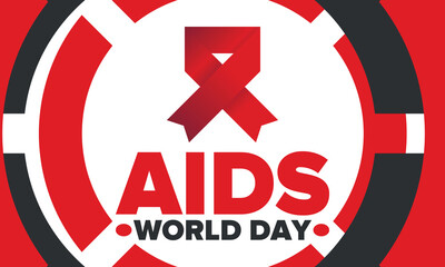 World Aids Day. Red ribbon symbol. Awareness and prevention hiv. Medical healthcare concept. Human support and protection. Celebrated annual in December 1. Poster, banner and background. Vector