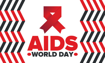 World Aids Day. Red ribbon symbol. Awareness and prevention hiv. Medical healthcare concept. Human support and protection. Celebrated annual in December 1. Poster, banner and background. Vector