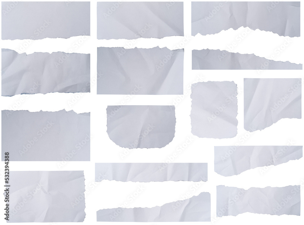 Poster Set of White ripped paper strips collection.  Paper scraps with torn edges. Sticky notes, shreds of notebook pages Isolated on white background