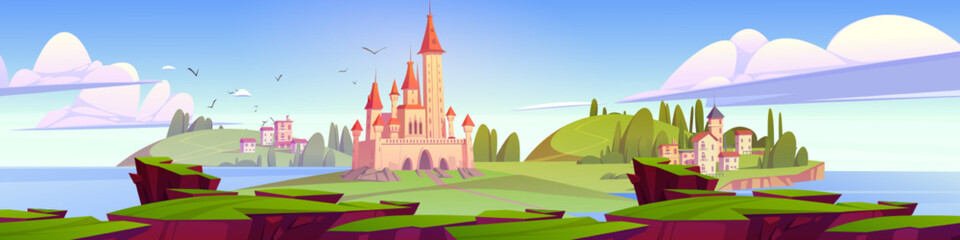 Mediterranean landscape with medieval castle and town buildings at scenery summer background. Fairytale kingdom with palace and cottages on green island surrounded with sea Cartoon vector illustration © klyaksun