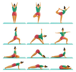 12 Bases Must-Know Yoga Poses for Beginners. A series Yoga Poses. 3d render illustration.	