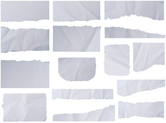 Set of White ripped paper strips collection.  Paper scraps with torn edges. Sticky notes, shreds of notebook pages Isolated on white background