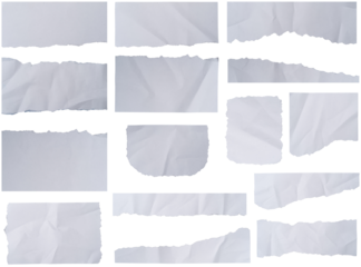 Set of White ripped paper strips collection.  Paper scraps with torn edges. Sticky notes, shreds of notebook pages Isolated on white background